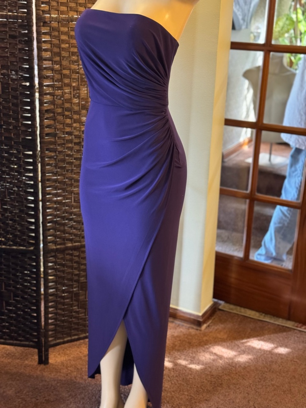 La Femme Strapless Ruched Plum Maxi Dress